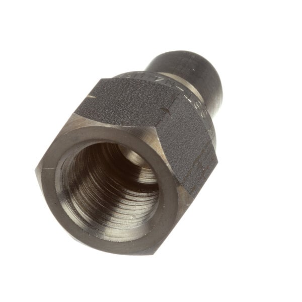 A brass male threaded pipe fitting with a metal nut.