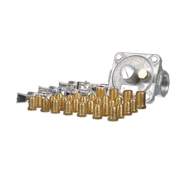 A white metal valve with brass nuts.