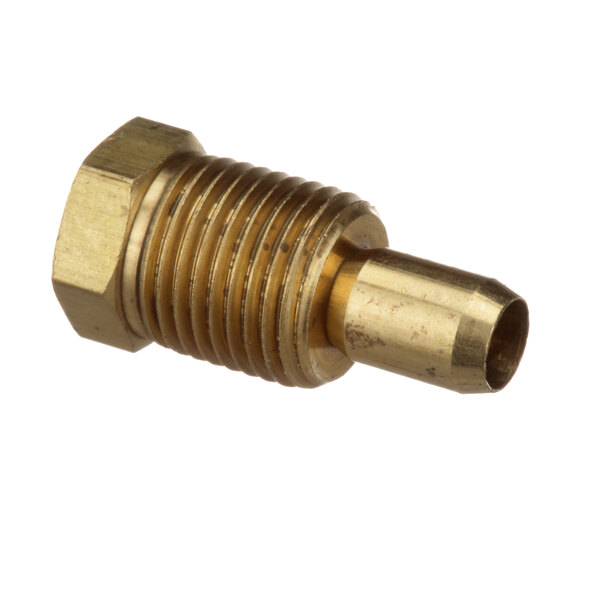 A close-up of a brass threaded nut.