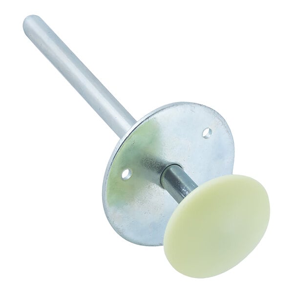 A metal inside release handle with a round base plate and a light-colored knob.