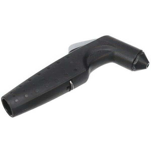 A black plastic hand shower handle with silver accents and holes.