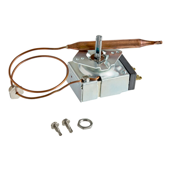 A metallic temperature control device with an attached copper sensing bulb and capillary tube, accompanied by two screws and a hex nut.