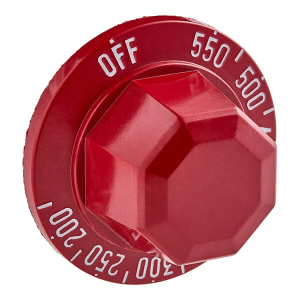 A red Vulcan range knob with white text reading 5.