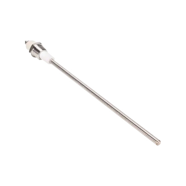 A long metal low water probe with a threaded end and white insulator, used for monitoring water levels in equipment.