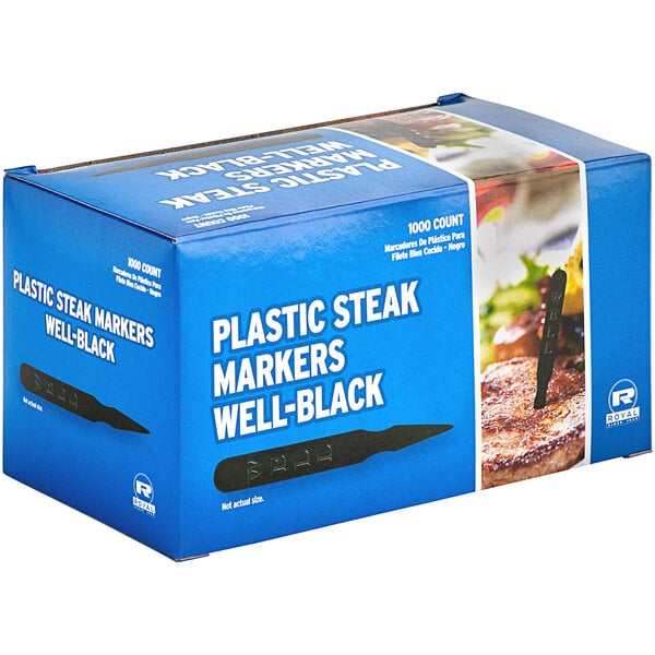 A blue box of black plastic Royal Paper steak markers.