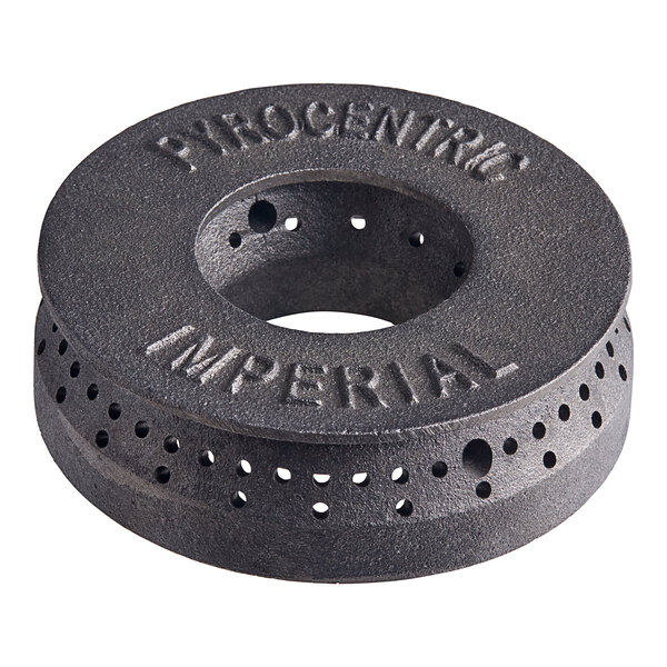 A black metal circular object with holes and the word "Imperial" on it.