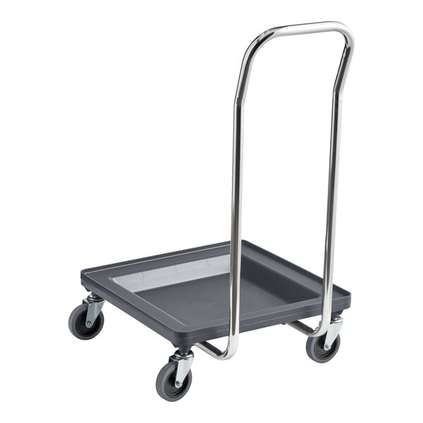 A gray dish rack and glass rack dolly with a 36-inch metal handle and four swivel casters.
