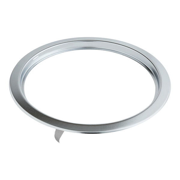 A round silver stainless steel ring with a curved edge.