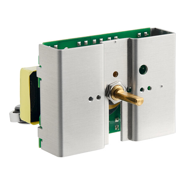 A metal box with a gold and green Blodgett temp control switch.