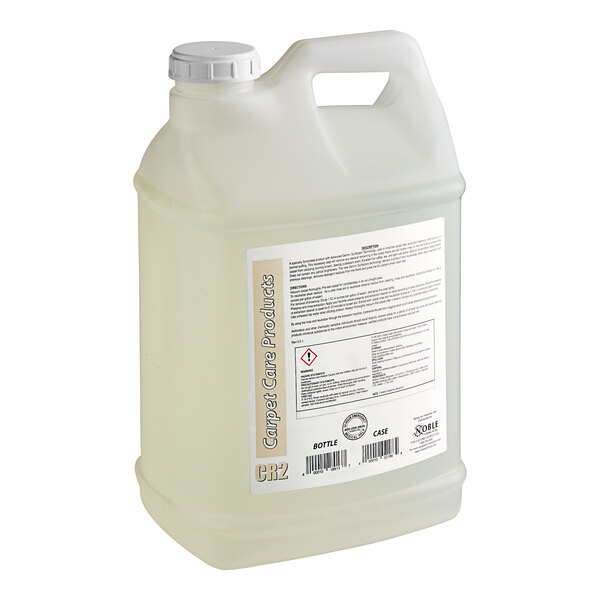 A white plastic jug of Sierra by Noble Chemical Concentrated Carpet Rinse and Chemical Neutralizer with a white label.