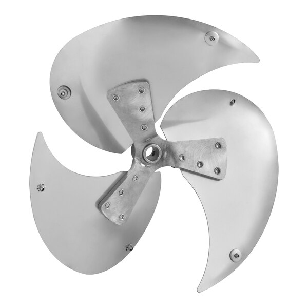 A three-blade metallic fan assembly with curved blades and visible rivets at the center and on each blade.