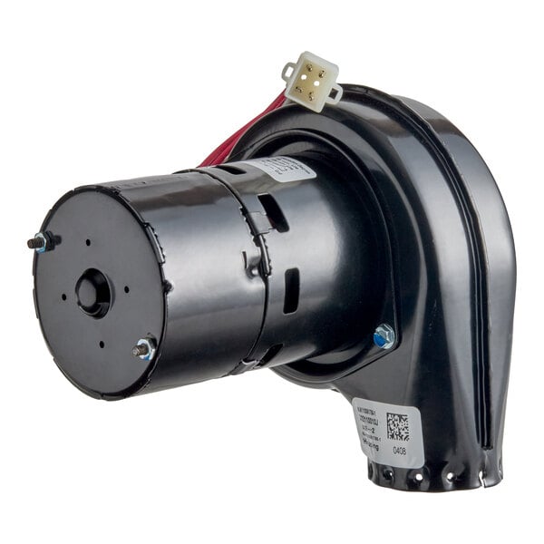 A black cylindrical motor blower assembly with attached wiring and a connector, featuring a curved housing and visible mounting hardware.