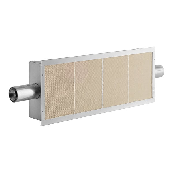 A metal rectangular Vulcan infrared burner filter with a white grid.