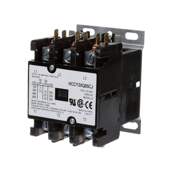 A close-up of a black rectangular Groen 3 pole contactor.