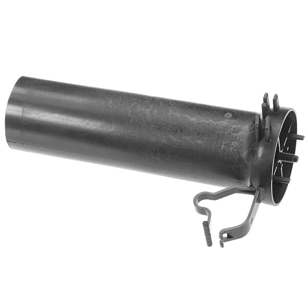 A black metal pipe with a metal handle and clip.