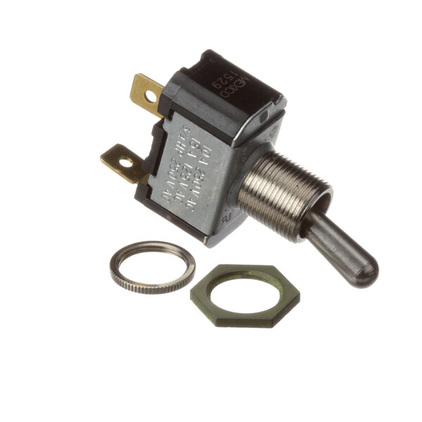 A close-up of a Henny Penny toggle switch with a metal handle.