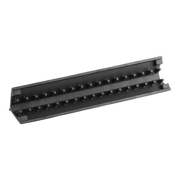 A black rectangular plastic rack with small holes.
