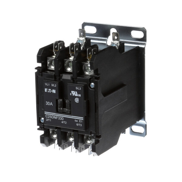 A black Hubbell contactor with metal brackets and several terminals.