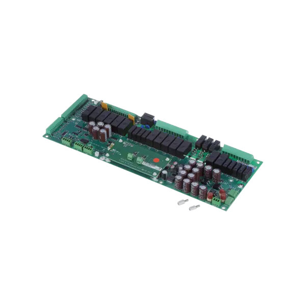 An Eloma I/O board with green circuit board and black and red components.