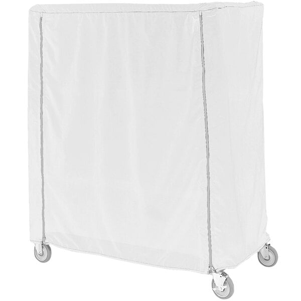 A white rectangular nylon cover for a Metro cart on wheels.