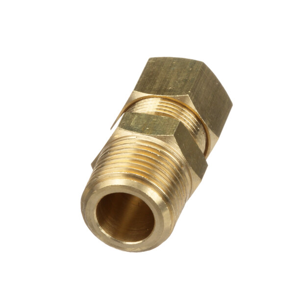 A close-up of a Vulcan brass threaded male connector with a gold nut.