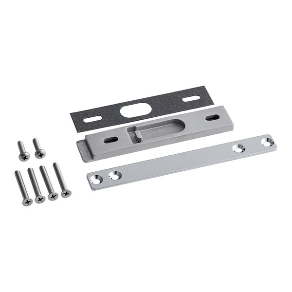 A close-up of a metal Alto-Shaam door handle with screws and bolts.