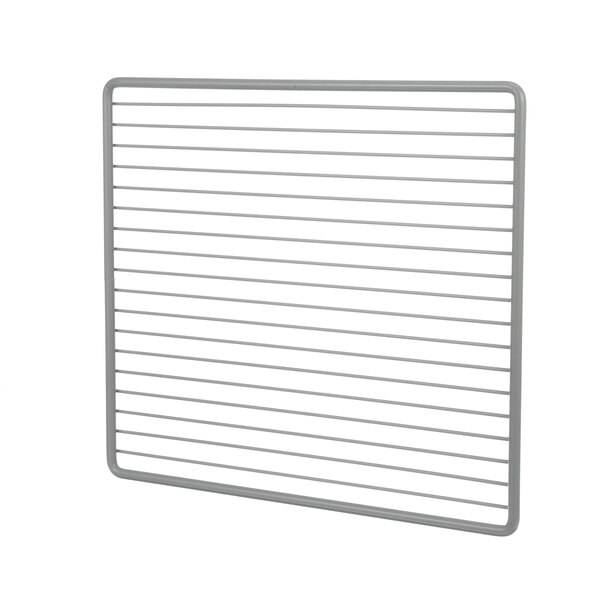 A gray metal wire shelf with a grid pattern.