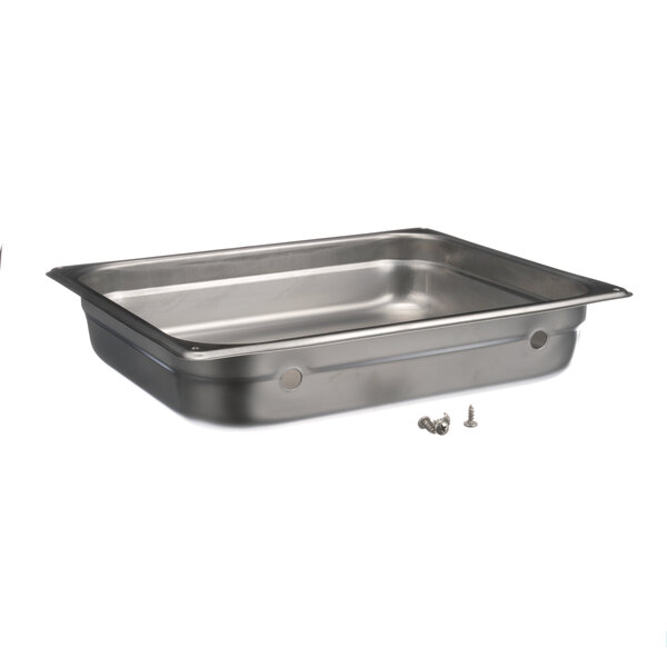 A silver Lockwood metal pan with screws and nuts on a counter.