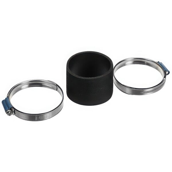 A black and silver metal steam hose kit with metal and black rubber rings.