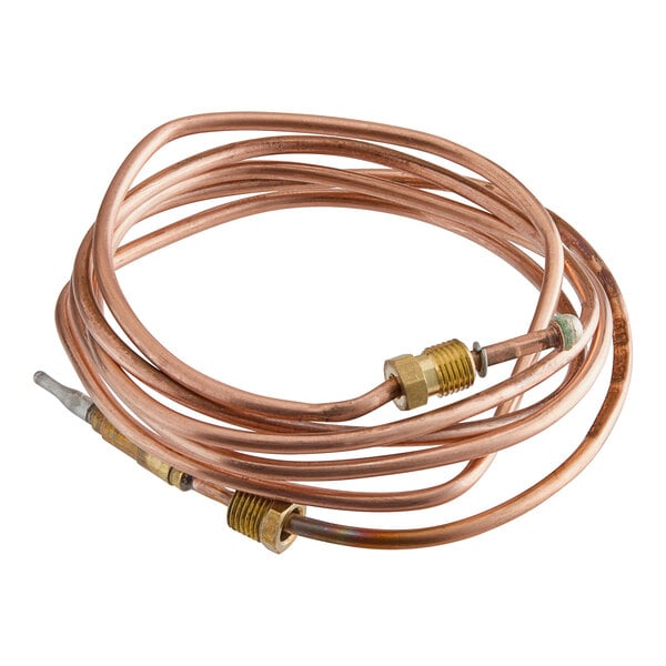 A close-up of a copper wire with a gold connector.