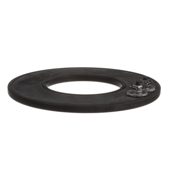 A black rubber tire with a screw on it.