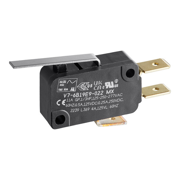 A black electrical device with a metal tab and silver metal switch handle.