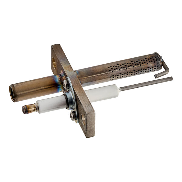 A metal Cleveland Ignitor/Pilot Assy with a metal tube and metal piece.
