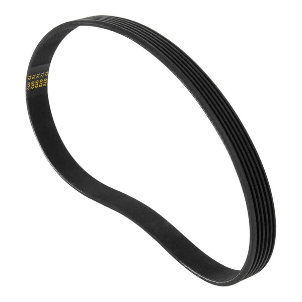 A black Multiplex drive belt with yellow writing on it.