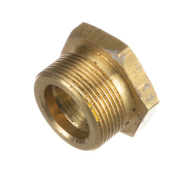 A close-up of a brass threaded nut.