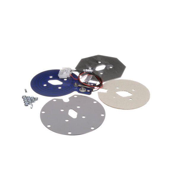 A Henny Penny pan heater kit metal plate with circular holes and wires.