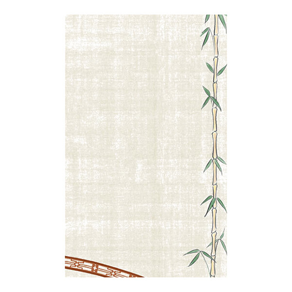 A sheet of paper with a light textured background, featuring a vertical bamboo stalk with green leaves along the right edge and a partial brown bamboo design in the lower left corner.