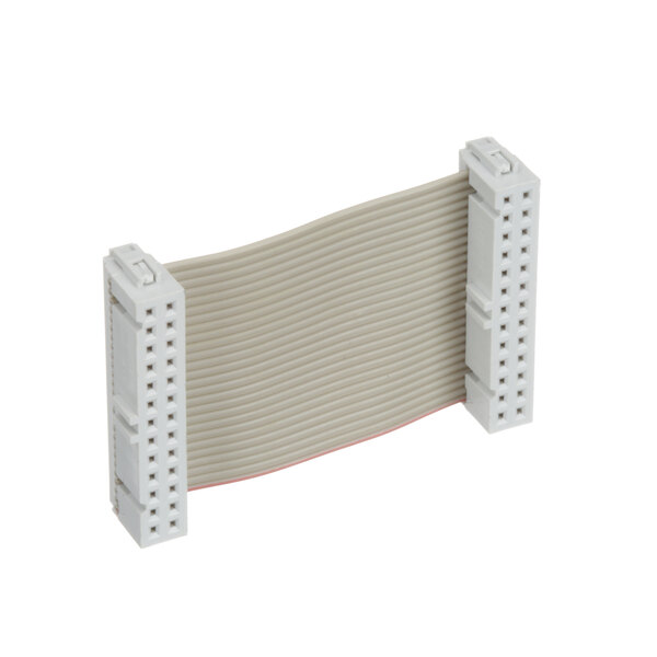A close-up of a Franke ribbon cable connector with two wires on a white background.