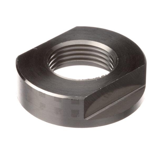 A close-up of a metal Univex nut with a hole in it.