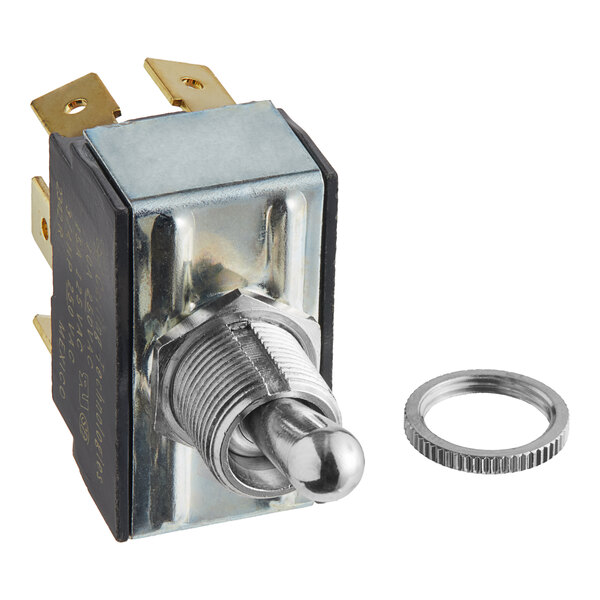 A Vulcan metal toggle switch with a round metal ring.