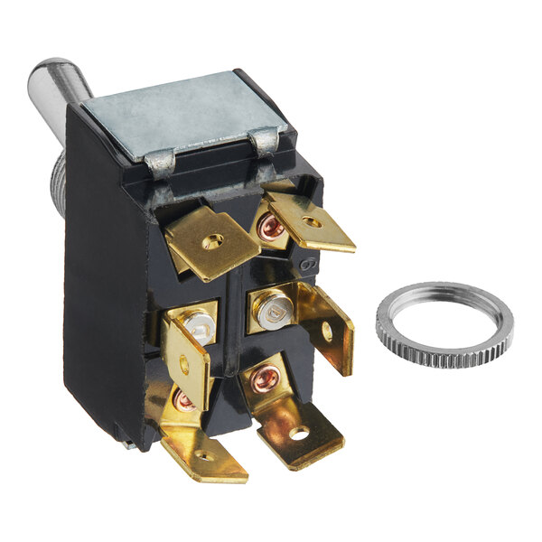A close-up of a Vulcan black toggle switch with a gold ring.