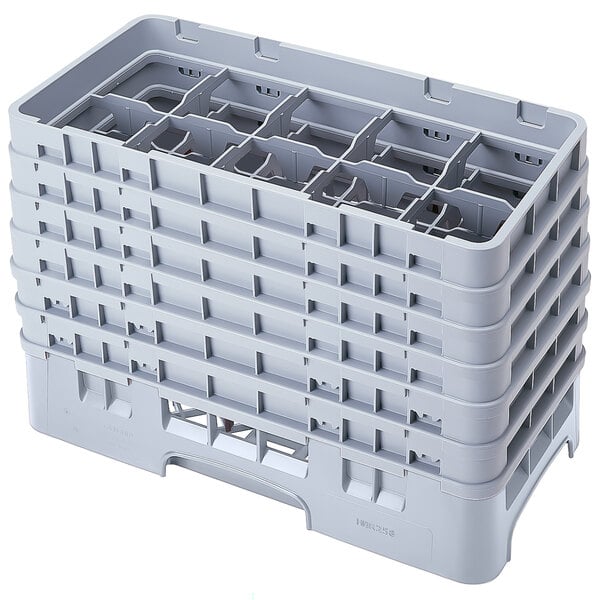 A white plastic Cambro rack with 10 compartments and 6 extenders.