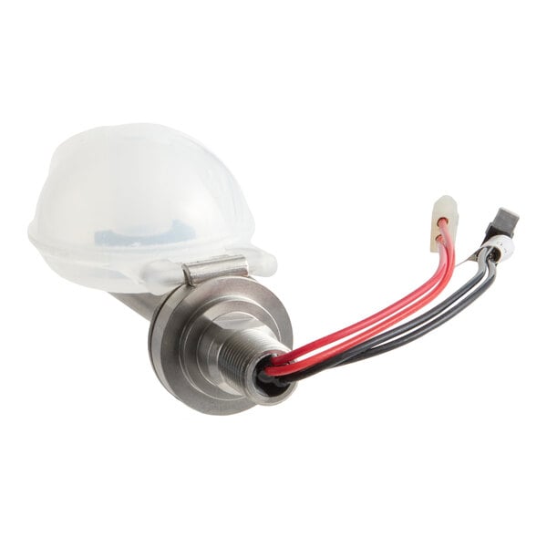 A metallic cylindrical component with a white plastic dome, attached to red and black wires with connectors.