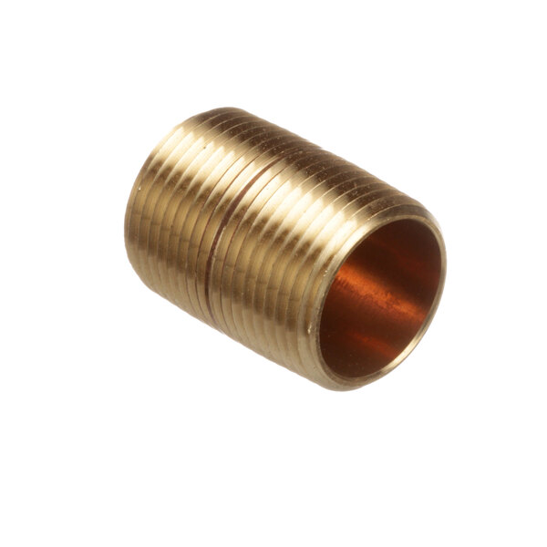 A close-up of a brass threaded Champion pipe nipple.