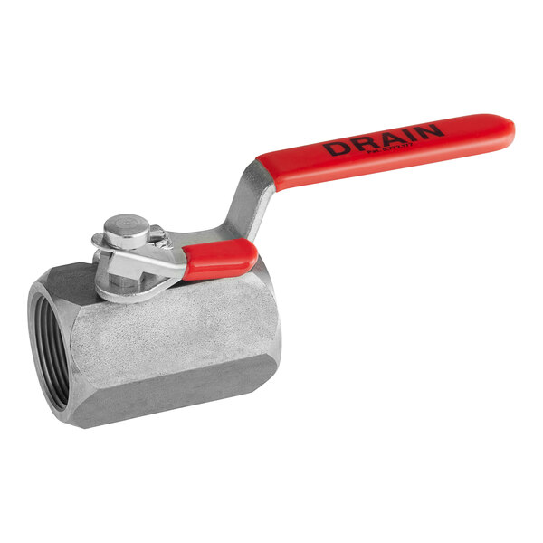 A close-up of a stainless steel Frymaster Gemini non-filter valve with a red handle.