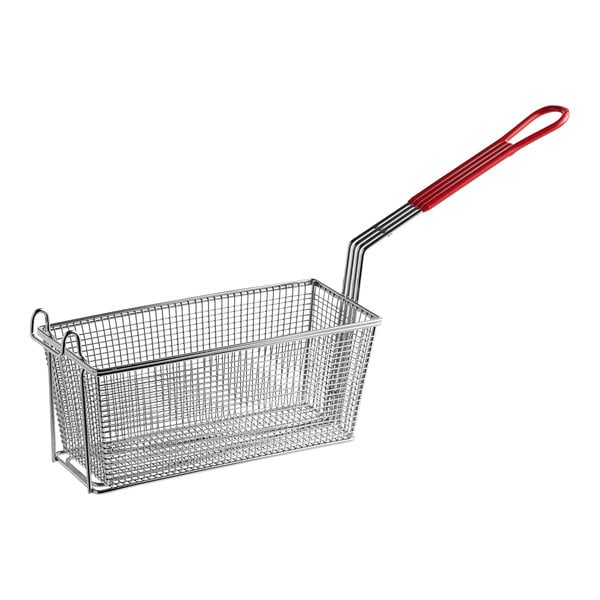 A Henny Penny 1/2 size fryer basket with a red handle.