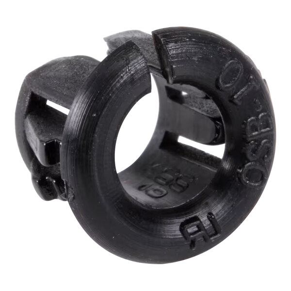 A black plastic bushing with a hole in it.