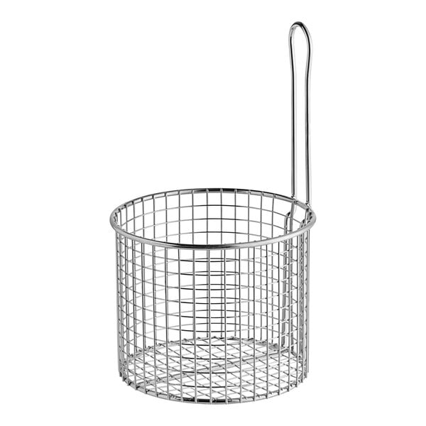 A stainless steel Henny Penny fryer basket with a handle.