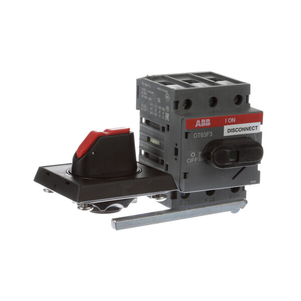 A grey and black Salvajor disconnect switch with red and black buttons.