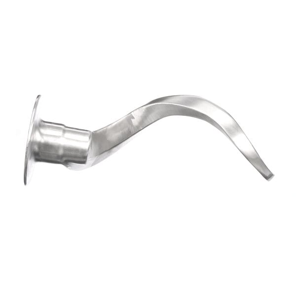 A close-up of a curved silver metal Blakeslee dough hook.